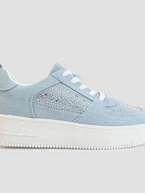 Light Blue Platform Lace-Up Sneakers with Crystal Details